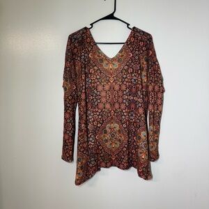 Judith March Bohemian Orange and Brown V-Neck Blouse